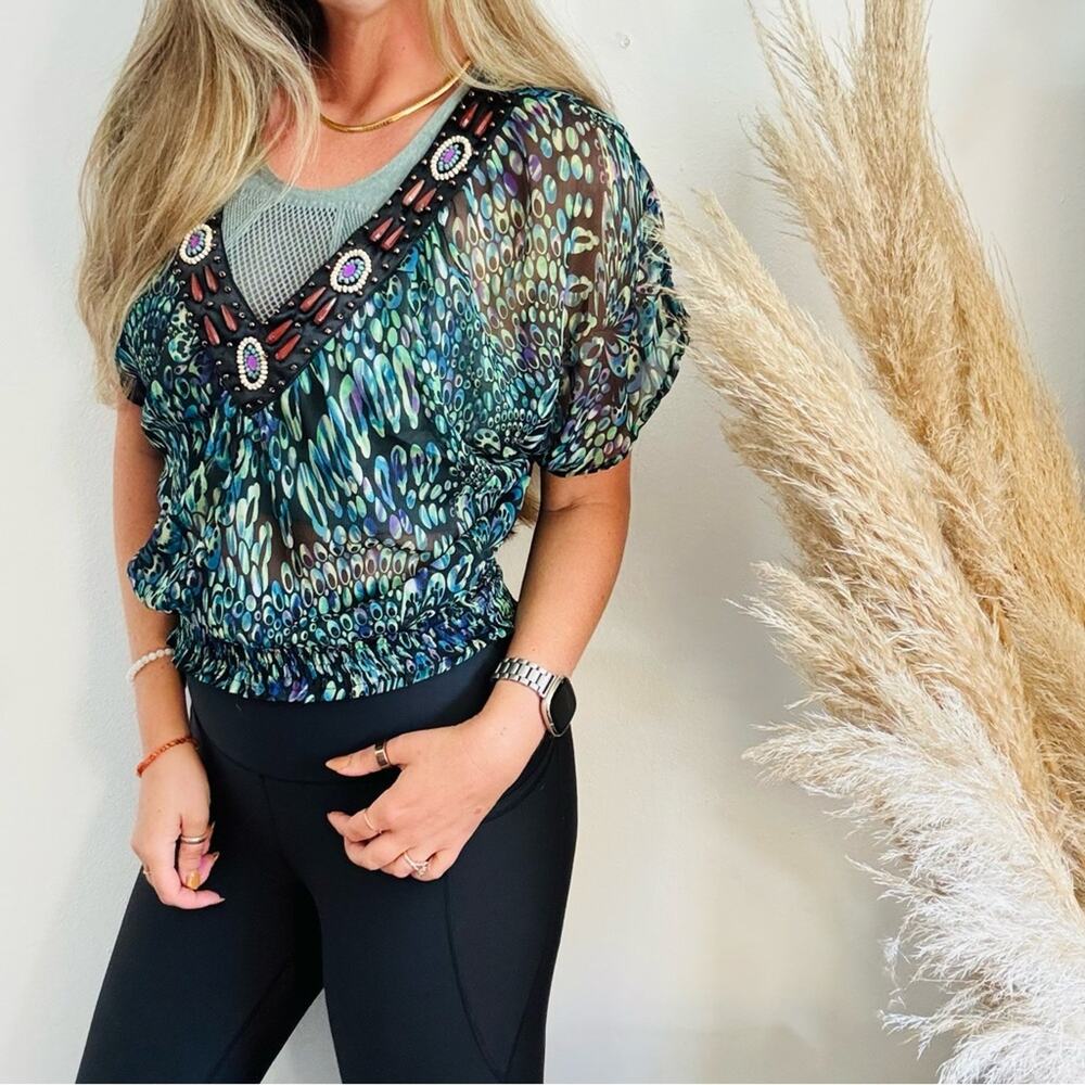 VINTAGE Y2K AMERICAN RAG Blue Green Peacock Sheer Beaded Elastic Top Blouse M